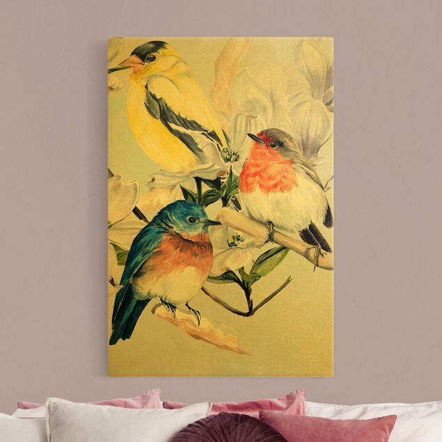 quadri con animali Uccelli variopinti sul ramo di una magnolia II