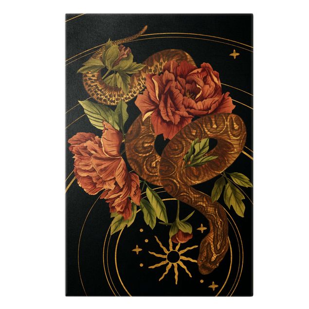 Quadro su tela animali Serpente con rose nero e oro III