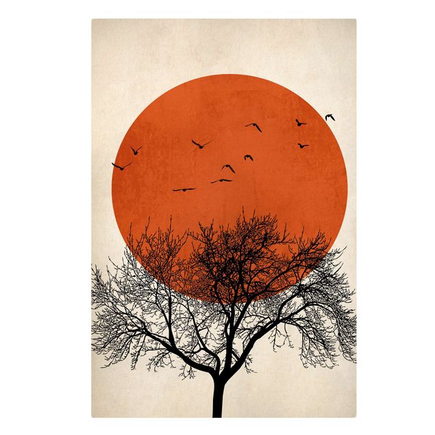 Riproduzione quadri su tela Stormo di uccelli di fronte al sole rosso II
