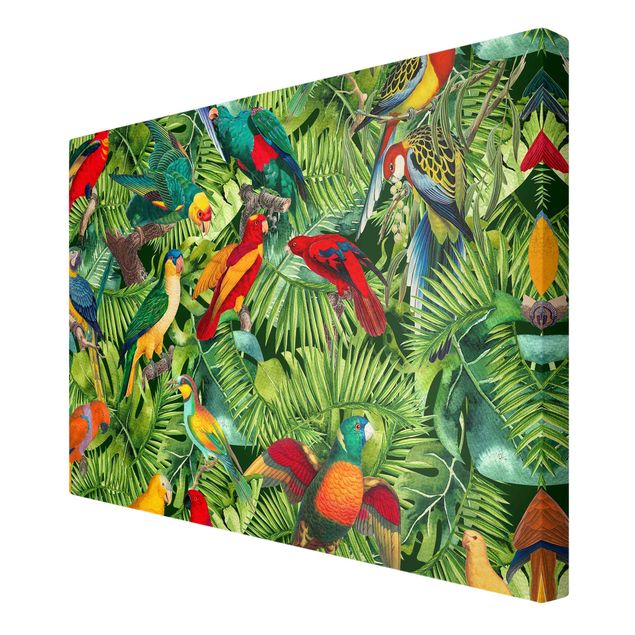 Quadri moderni per soggiorno Collage colorato - Pappagalli nella giungla