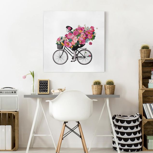 Riproduzioni su tela Illustrazione - Donna in bicicletta - Collage di fiori colorati