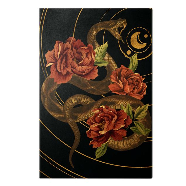 Quadri su tela animali Serpente con rose nero e oro II