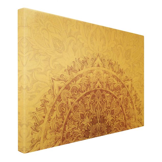 Quadro su tela oro - Semicerchio mandala con ornamenti in acquerello rosso