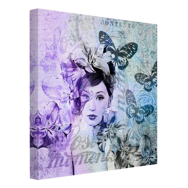 Tele vintage Collage Shabby Chic - Ritratto con farfalle