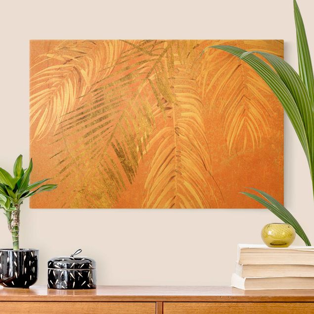 Quadri moderni per soggiorno Fronde di palma in rosa e oro I