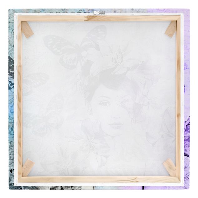 Stampa su tela - Shabby Chic Collage - Ritratto Con Le Farfalle - Quadrato 1:1