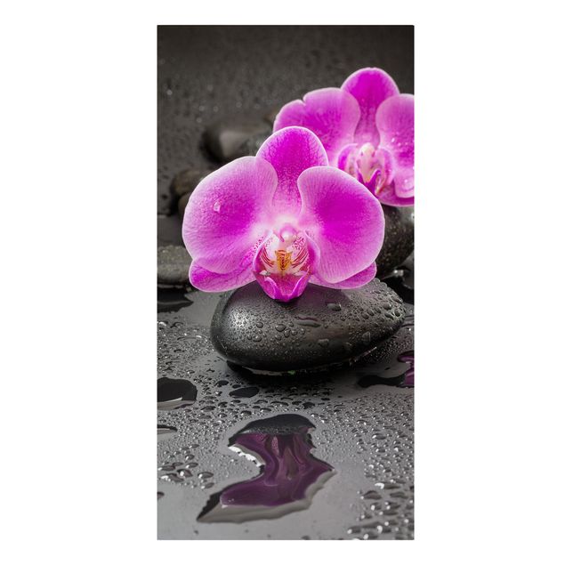 Stampe su tela Fiore di orchidea rosa su pietra con gocce