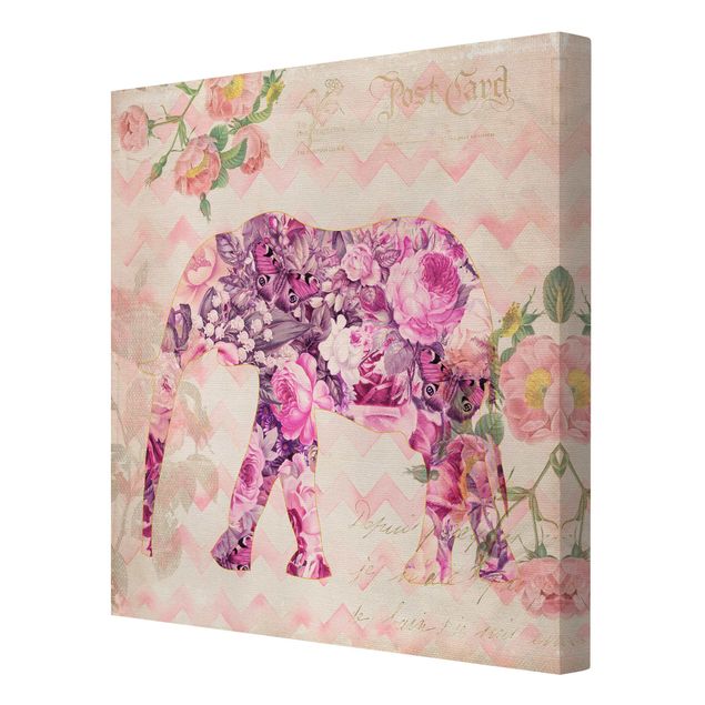 Stampe su tela animali Collage vintage - Fiori rosa elefante