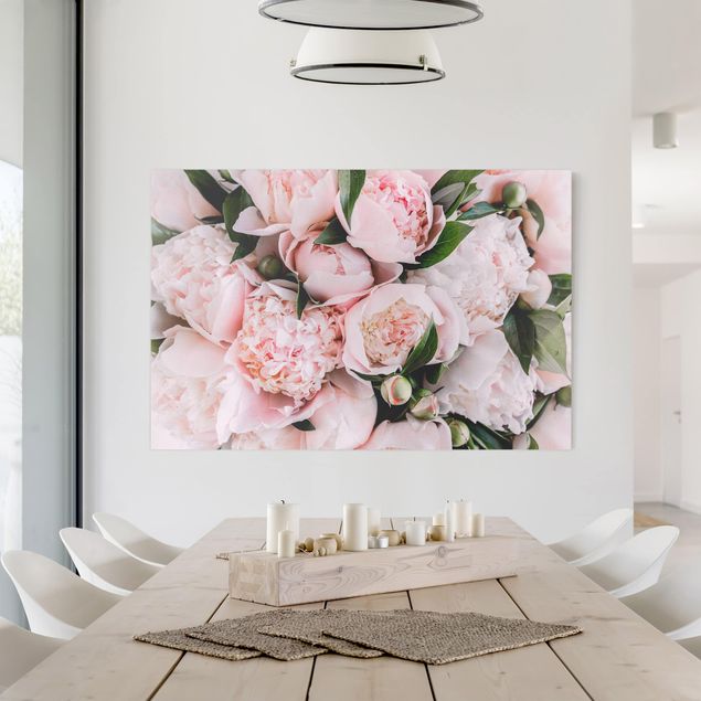 Quadri moderni per soggiorno Peonie rosa con foglie