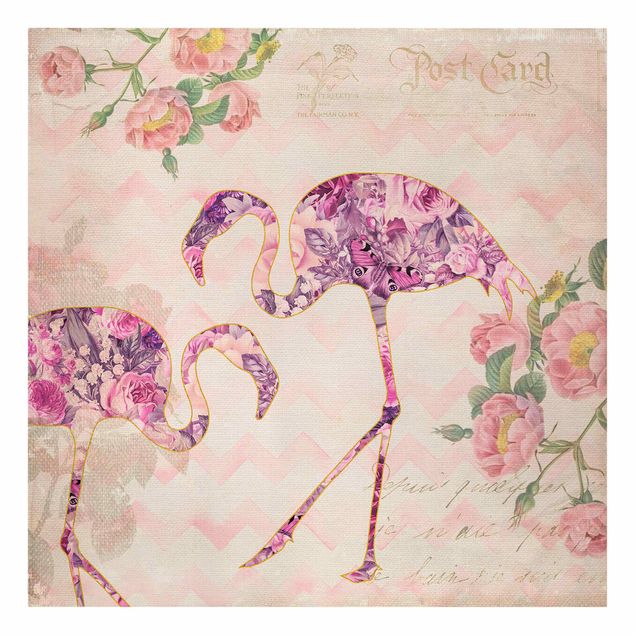 Riproduzione quadri su tela Collage vintage - Fenicotteri con fiori rosa