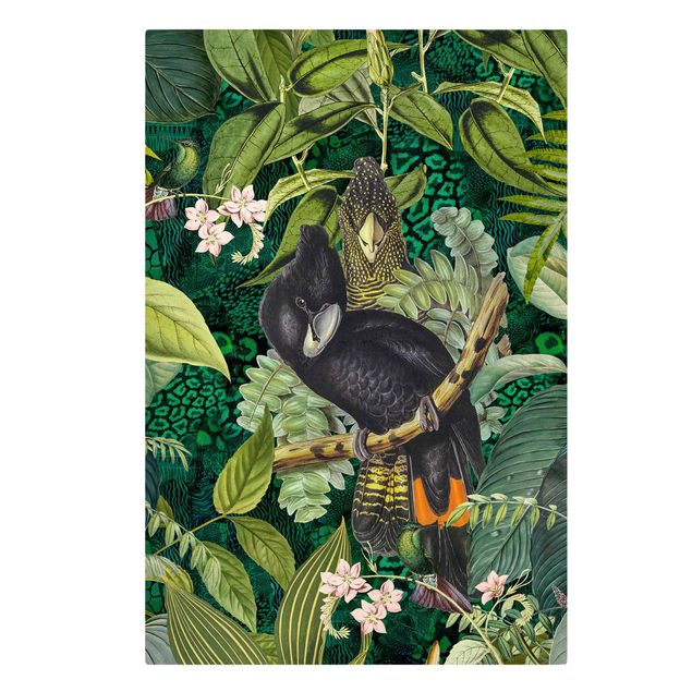 Quadro su tela animali Collage colorato - Cacatua nella giungla
