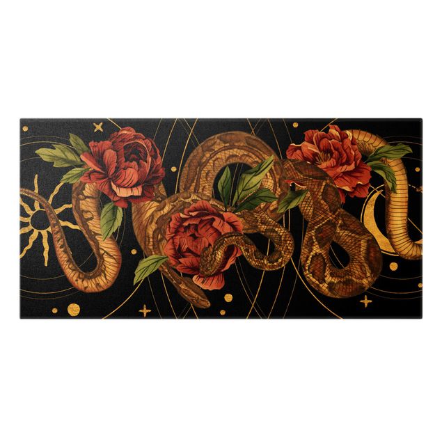 Quadro su tela animali Serpenti con rose su oro e nero I