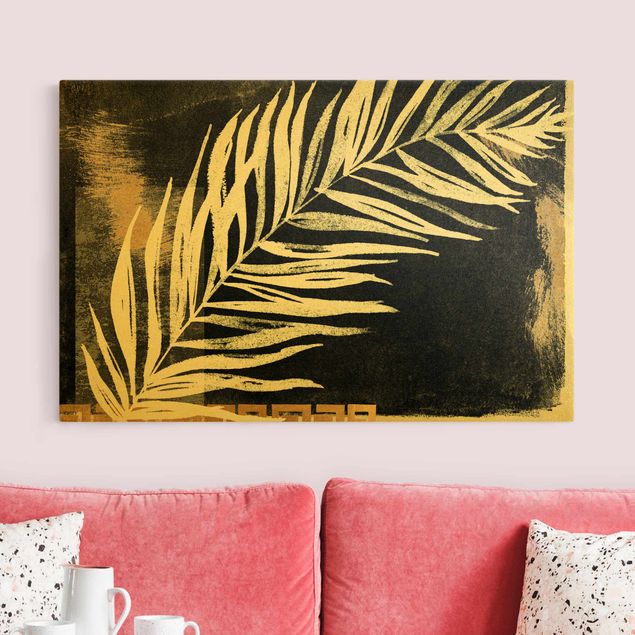 Quadri moderni per soggiorno Foglia di palma su nero e oro
