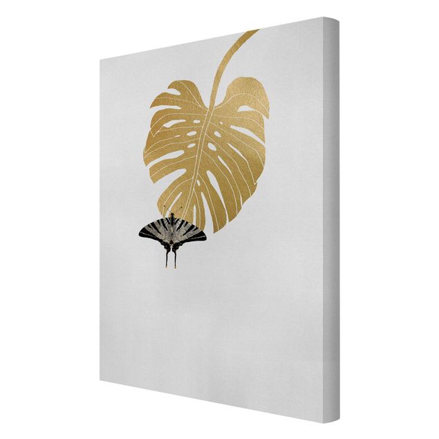 Quadri moderni per soggiorno Monstera d'oro con farfalla