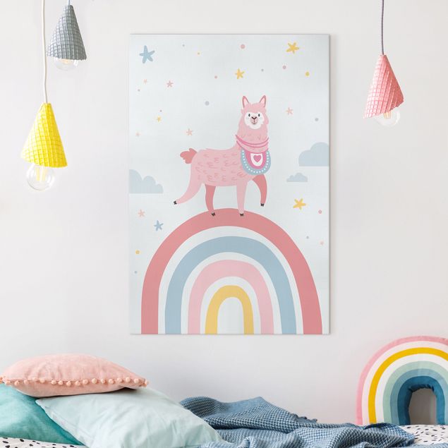 quadri con animali Lama su arcobaleno con stelle e punti