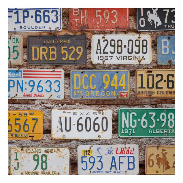 Stampa su tela - American License Plates On Wood - Quadrato 1:1