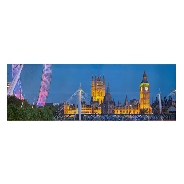 Stampa su tela - Big Ben And Westminster Palace In London At Night - Panoramico