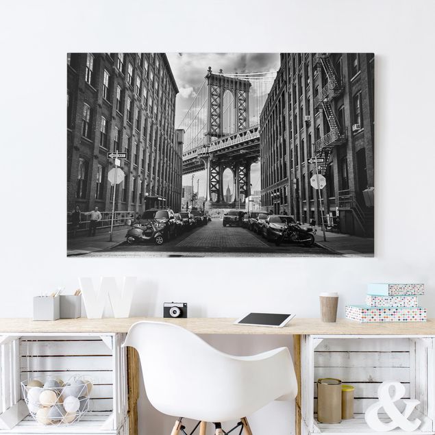 Stampa su tela bianco e nero Ponte di Manhattan in America
