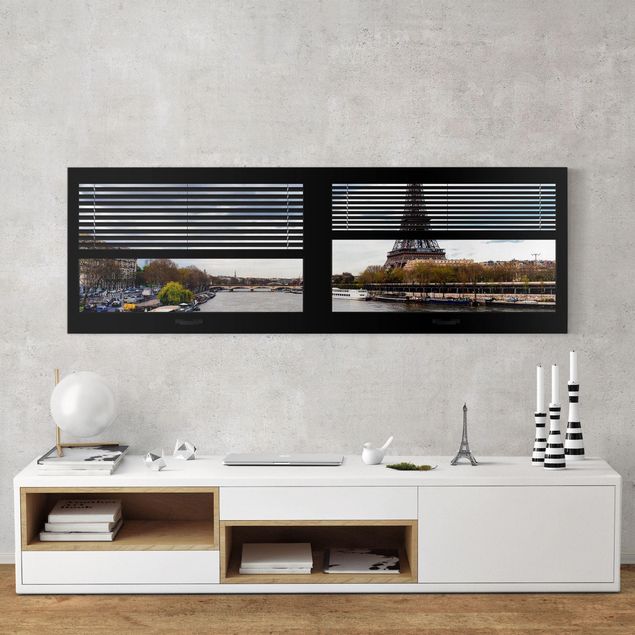 Riproduzioni su tela Vista dalla finestra con tende - Senna e Torre Eiffel