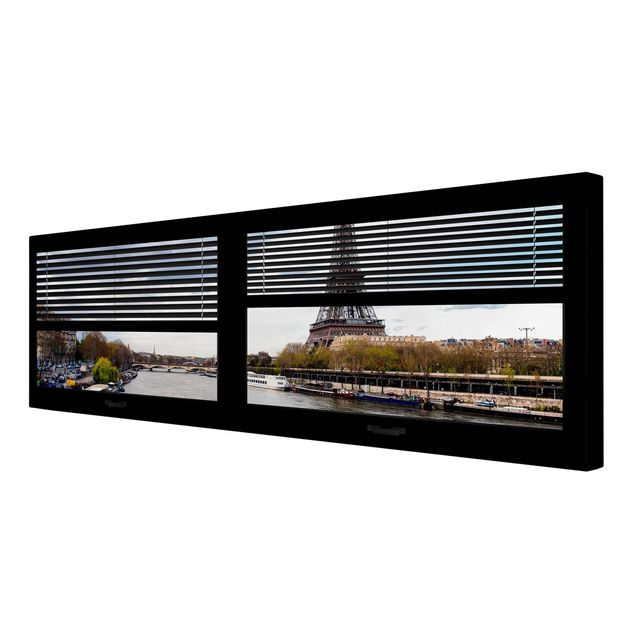 Stampa su tela Vista dalla finestra con tende - Senna e Torre Eiffel