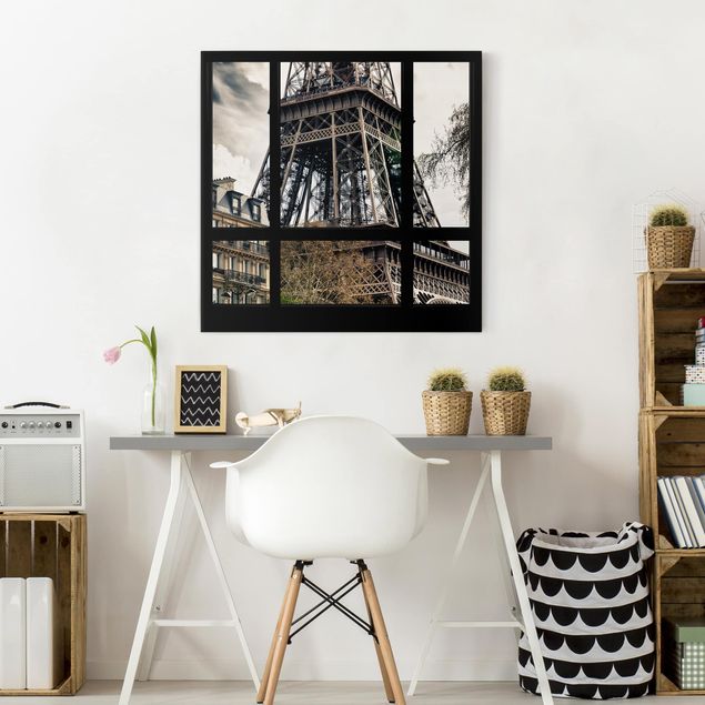 Stampa su tela bianco e nero Window view Paris - Near the Eiffel Tower black and white
