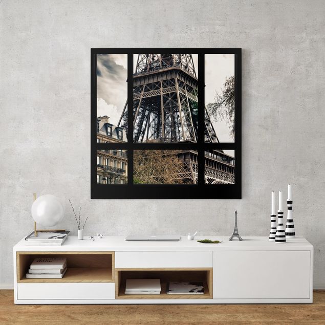 Riproduzioni su tela Window view Paris - Near the Eiffel Tower black and white