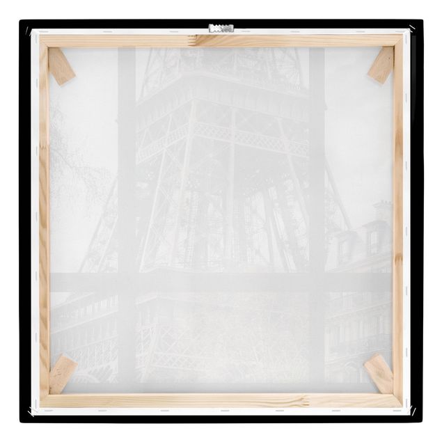 Stampa su tela Window view Paris - Near the Eiffel Tower black and white