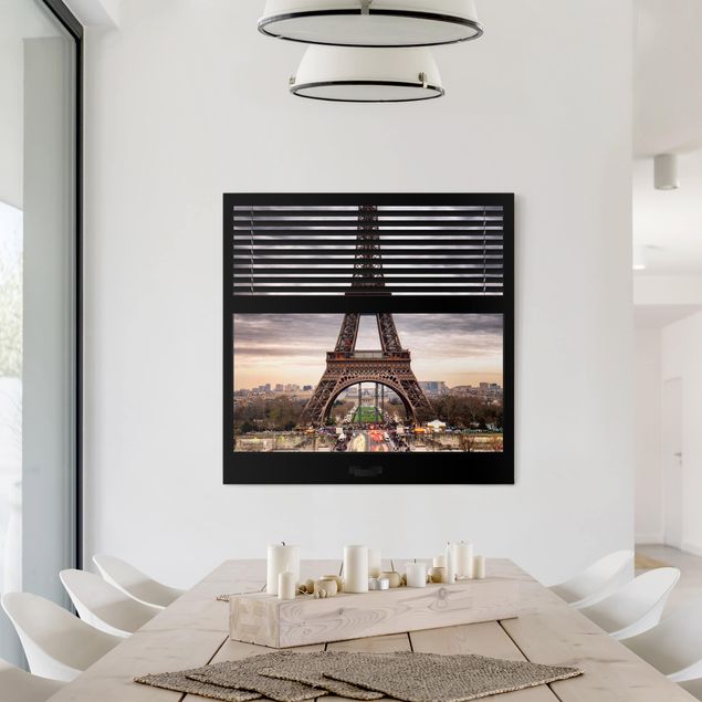 Stampa su tela città Vista dalla finestra con tende - Torre Eiffel Parigi