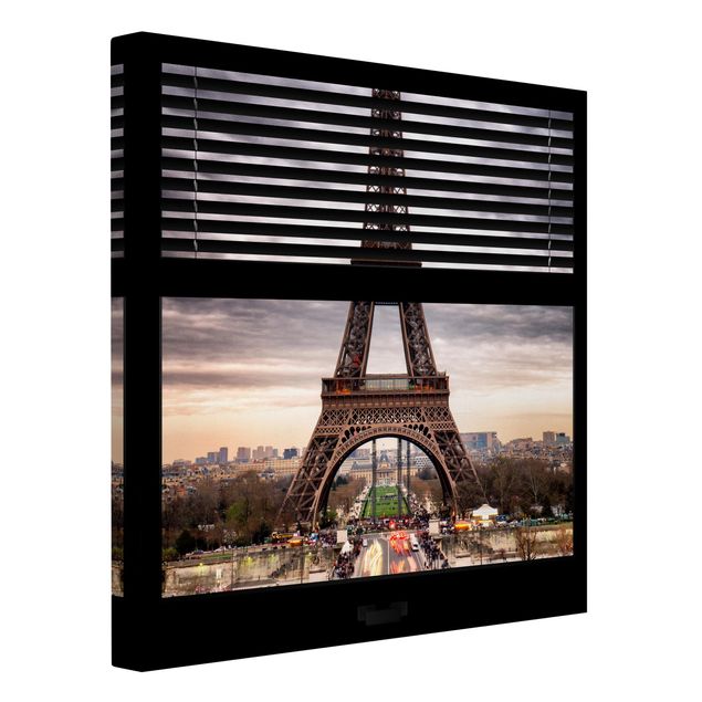 Quadri moderni per soggiorno Vista dalla finestra con tende - Torre Eiffel Parigi