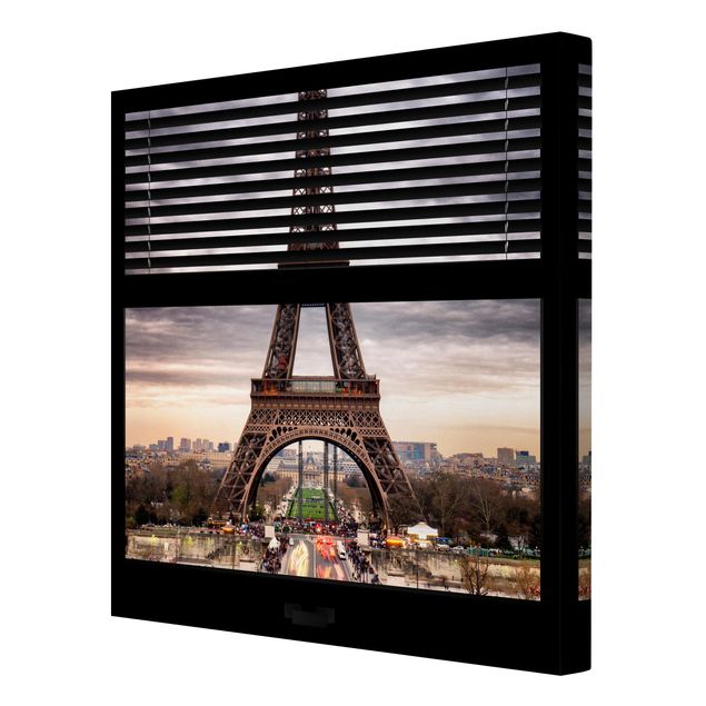 Stampa su tela Vista dalla finestra con tende - Torre Eiffel Parigi