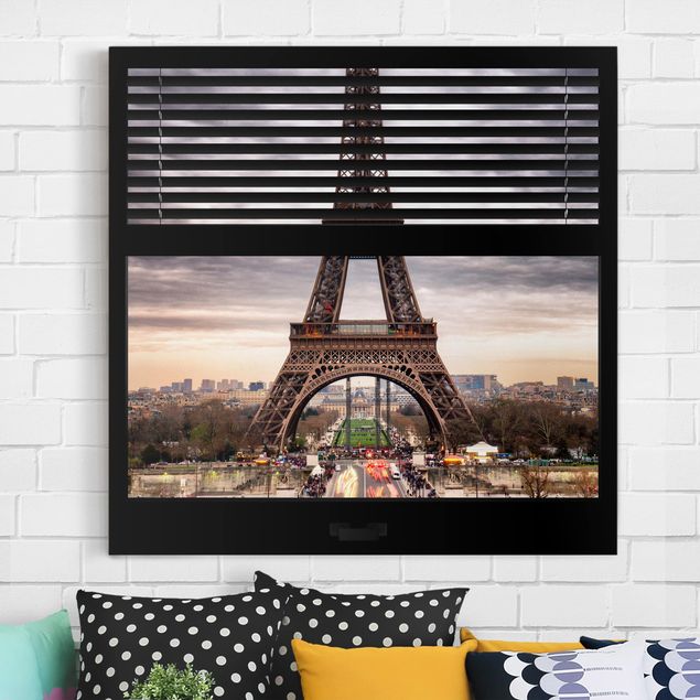 Stampa su tela parigi Vista dalla finestra con tende - Torre Eiffel Parigi