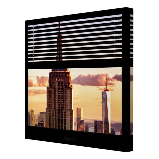 Stampe su tela Vista dalla finestra con tende - Empire State Building di New York