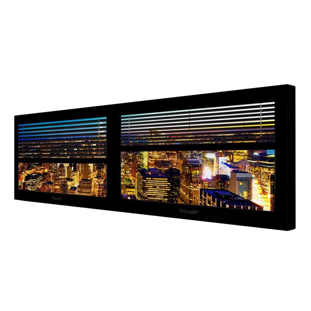 Stampa su tela Vista dalla finestra con tende - New York di notte