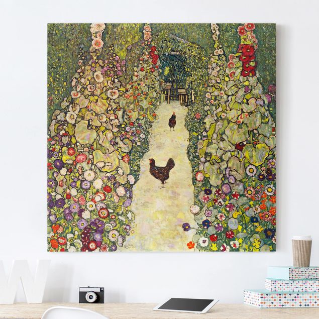 Quadro su tela fiori Gustav Klimt - Sentiero del giardino con galline