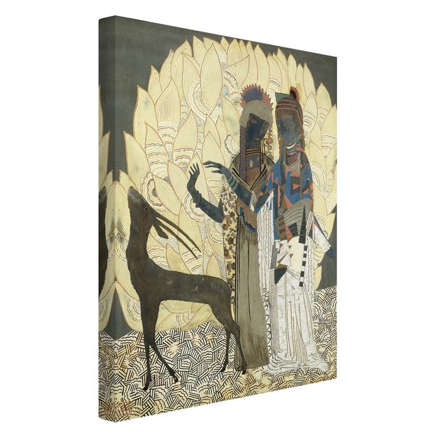 Stampa su tela Jean Dunand - Due donne stilizzate con antilope e fogliame