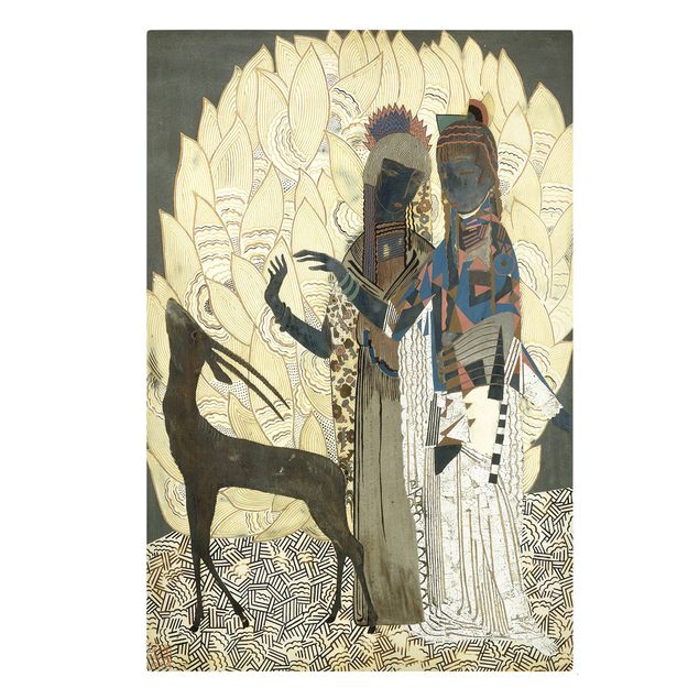 Stampa su tela Jean Dunand - Due donne stilizzati con un'antilope e fogliame - Verticale 2:3