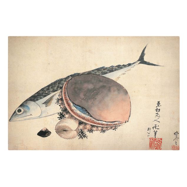 Stampa su tela Katsushika Hokusai - Sgombri e conchiglie di mare