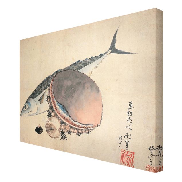 Stampa su tela Katsushika Hokusai - Sgombri e conchiglie di mare