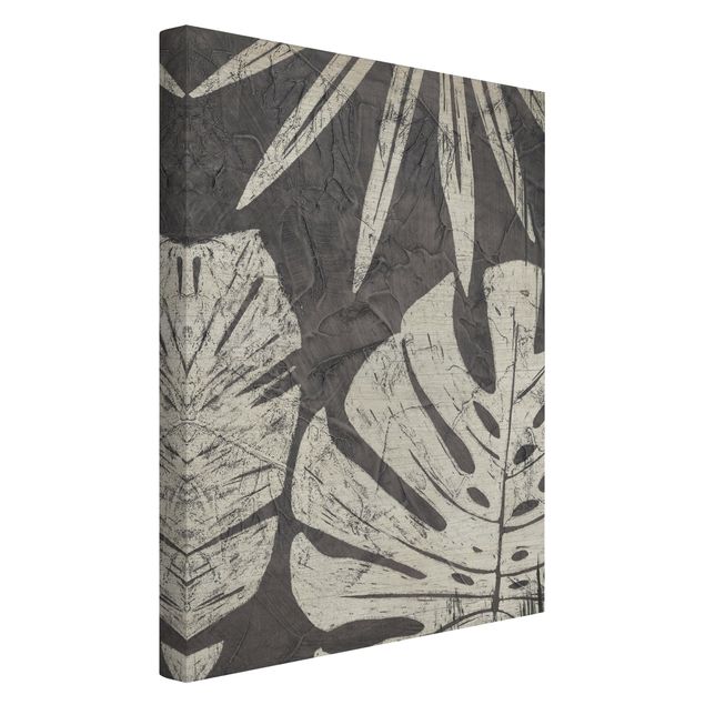 Quadri su tela Sfondo grigio scuro con foglie di palma