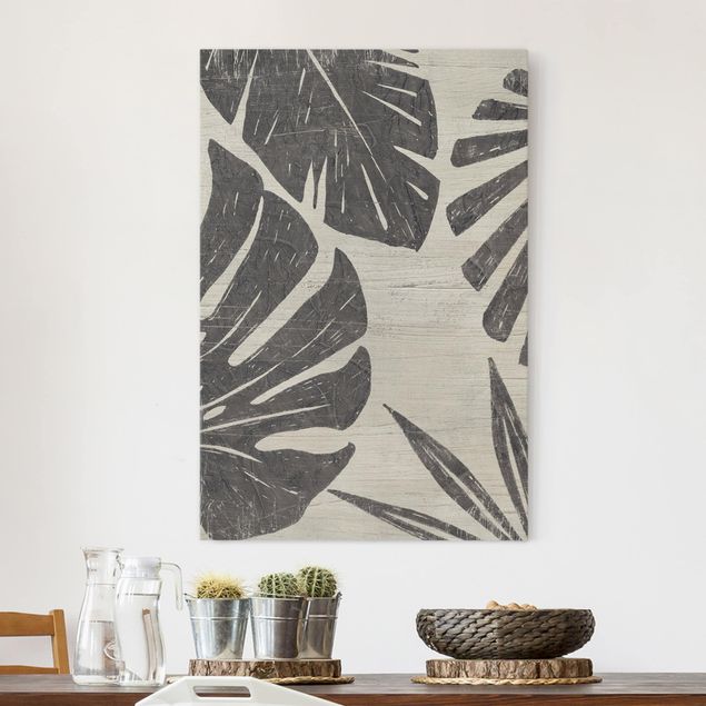 Quadro su tela fiori Foglie di palma grigio chiaro