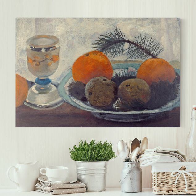 Riproduzioni su tela quadri famosi Paula Modersohn-Becker - Natura morta con tazza di vetro smerigliato, mele e ramo di pino