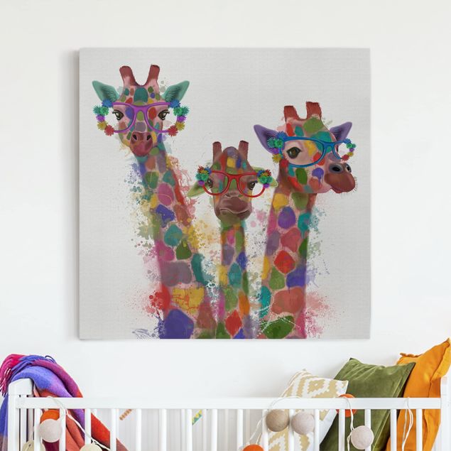 Quadri animali Trio di giraffe con schizzi arcobaleno