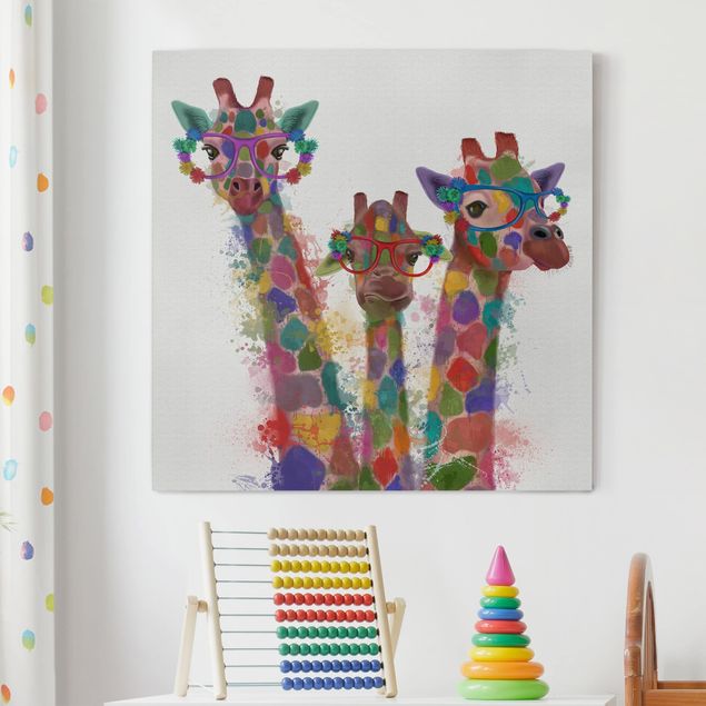 Quadri con giraffe Trio di giraffe con schizzi arcobaleno