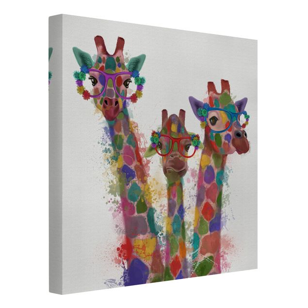 Quadri su tela animali Trio di giraffe con schizzi arcobaleno