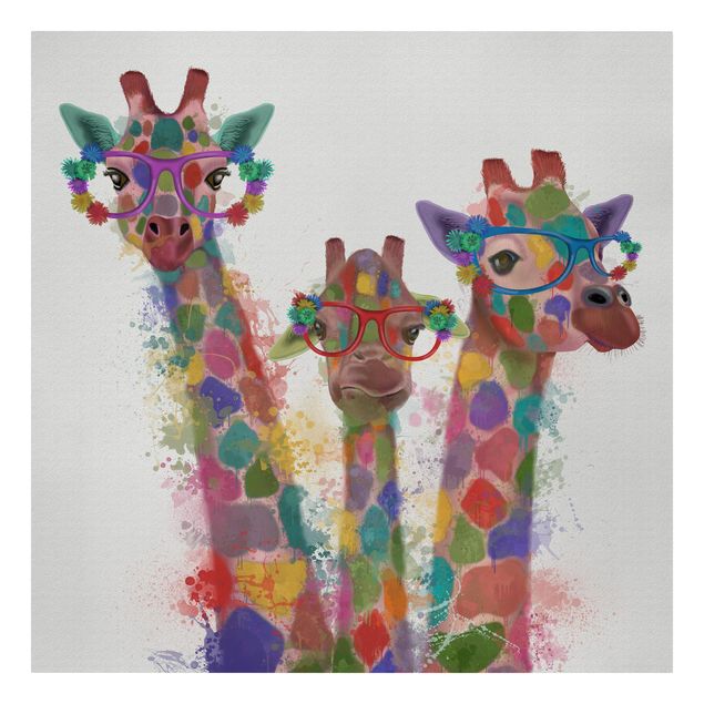 Stampe su tela Trio di giraffe con schizzi arcobaleno