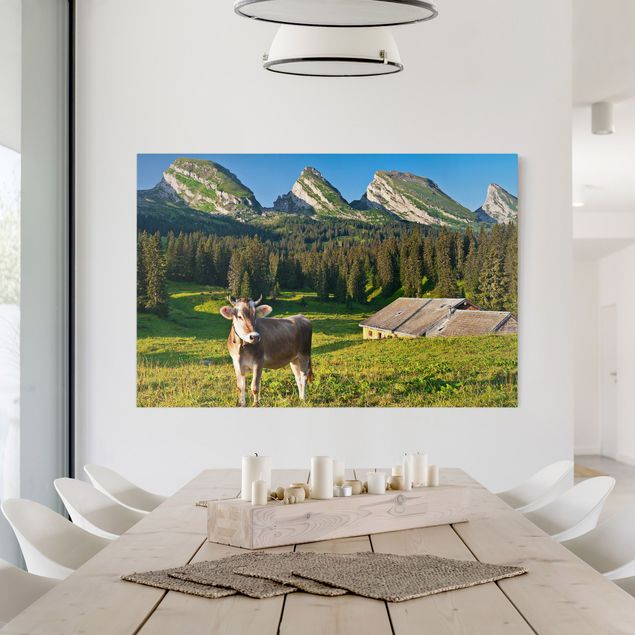 stampe animali Prato alpino svizzero con mucca