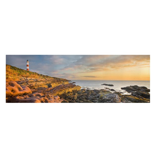 Quadri mare e spiaggia Faro di Tarbat Ness e tramonto sull'oceano