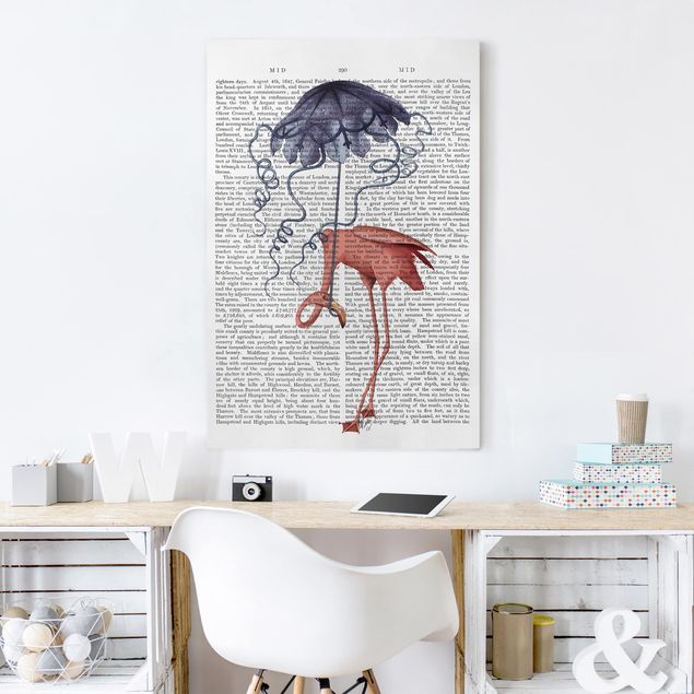 Tele con scritte Lettura con animali - Fenicottero con ombrello