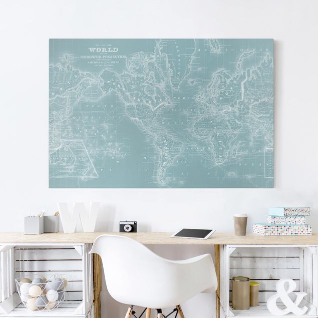 Quadri su tela Mappa del mondo in blu ghiaccio