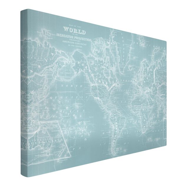 Stampa su tela - Mappa del mondo in Ice Blue - Orizzontale 3:2